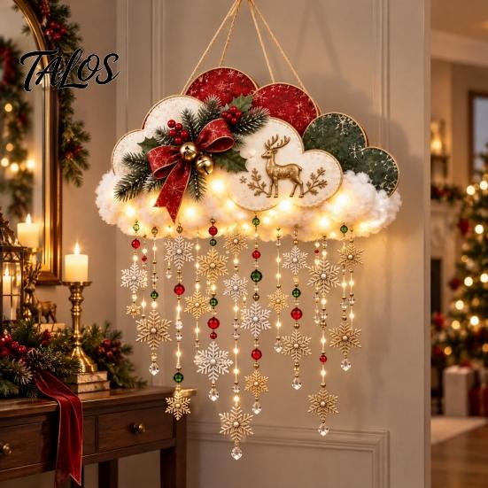 Vintage Christmas Lanterns Lighted Snowfall Cloud, Cascading Snowflake Light with Reindeer/Angel, Party Supplies LED Holiday Hanging Lantern for Home