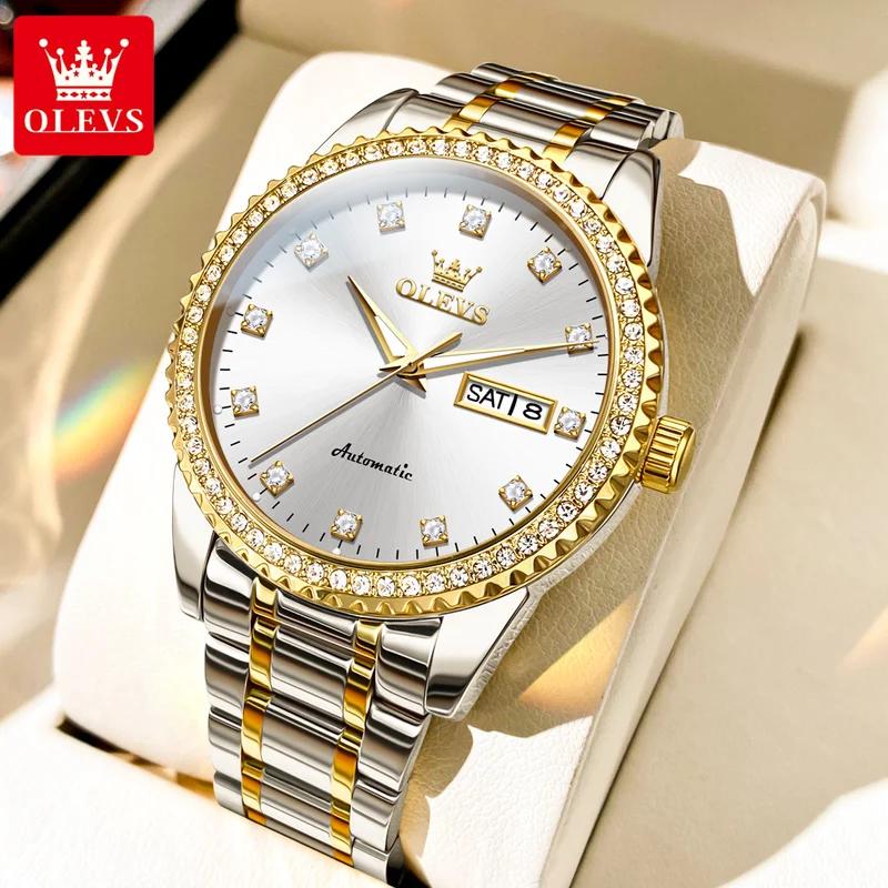 OLEVS Men's Watch Luxury Brand Diamond Automatic Mechanical Watch Stainless Steel Waterproof Calendar Business Men's Watch
