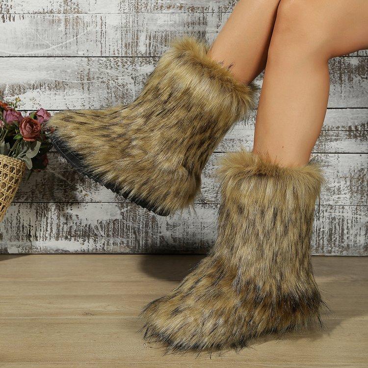 Fashion New Winter Fur Onepiece Raccoon Fur Female Snow Boots Fur Shoes Outdoor Mid Leg Boots