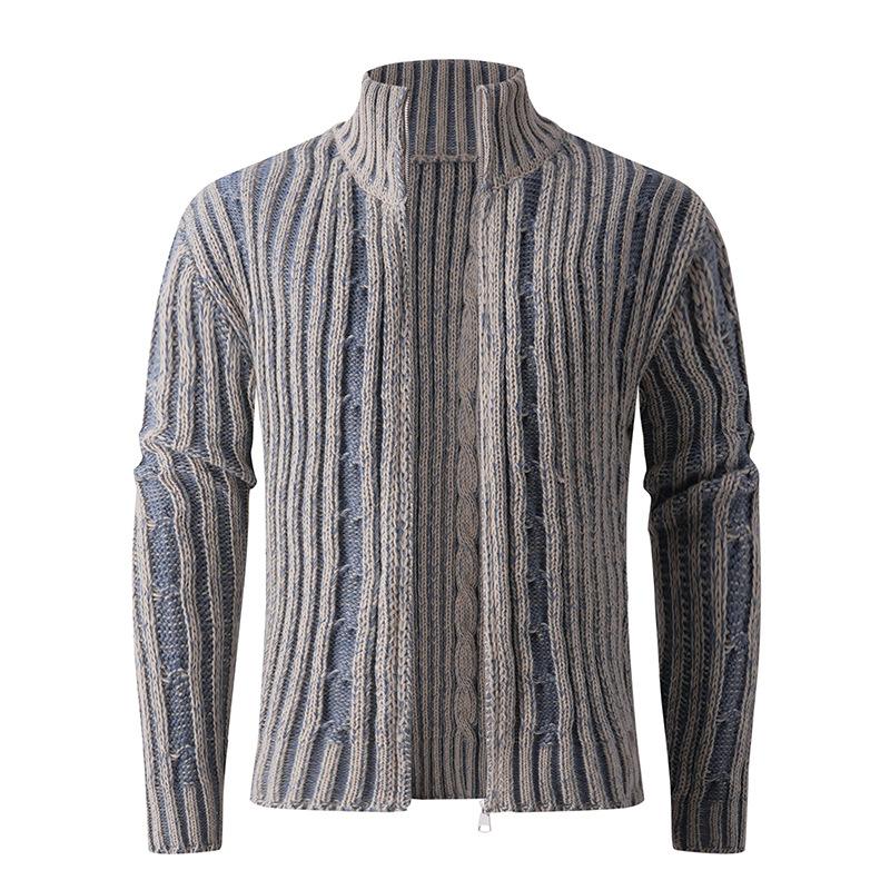Autumn And Winter Men'S Striped Knitted Sweater American Contrasting Color Semi-Turtleneck Cardigan Sweater Jacket