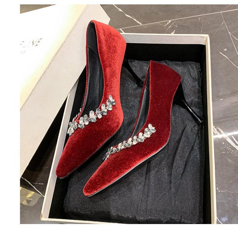 Fashion New Sequined Rhinestone Wedding Shoes Women High-heeled Shoes Black Thin Heels Sexy Pumps Female Bride Footwear Big Size