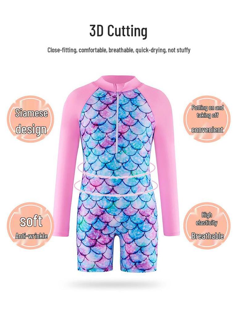 Long Sleeve Mermaid One-Piece Girls' Swimsuit with Sun Protection