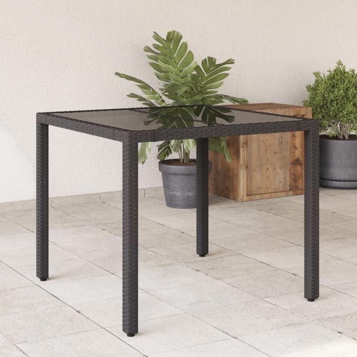 VidaXL Table de jardin dessus en verre Noir 90x90x75 cm Résine tressée 365586