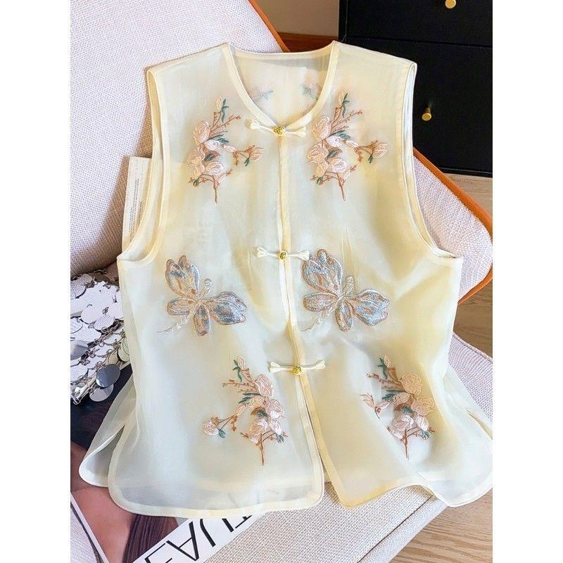 Eugen yarn embroidered vest, women's slightly transparent round neck disc buckle vest, summer thin style outside