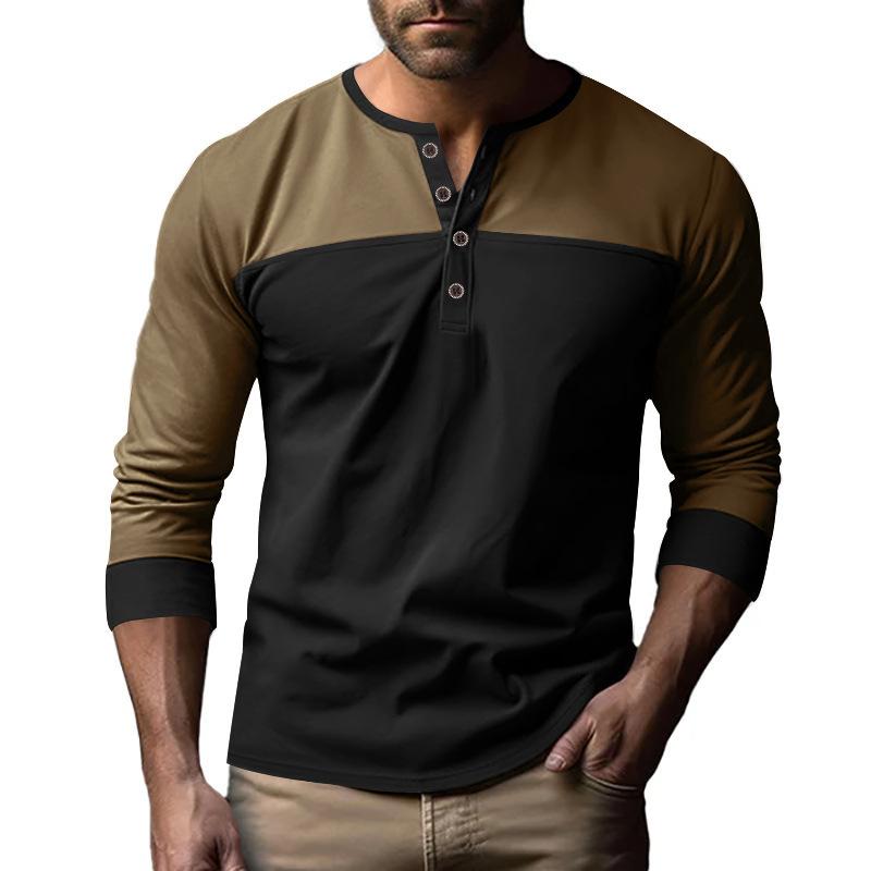 Men's Autumn New American Retro Long-sleeved Colour Blocking Henry Collar Bottoming Shirt Men's T-shirt