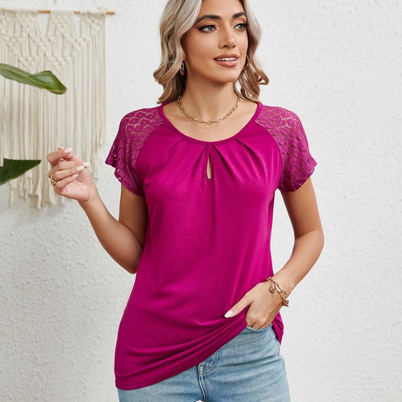 2024 Summer Lace Short Sleeve Loose Blouse for Women Fashion Solid Round Neck Casual Shirt Women Tops Elegant Simple Plus Size Female Blouses 24314