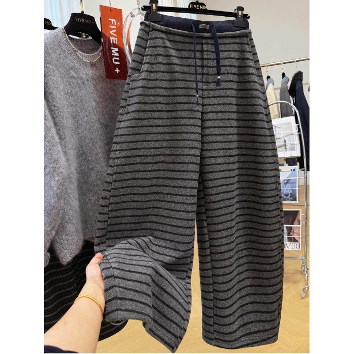 

Women s Winter Striped Wide-Leg Pants with Adjustable Hem - Plus Velvet Thickness, Versatile 2-Way Wear L