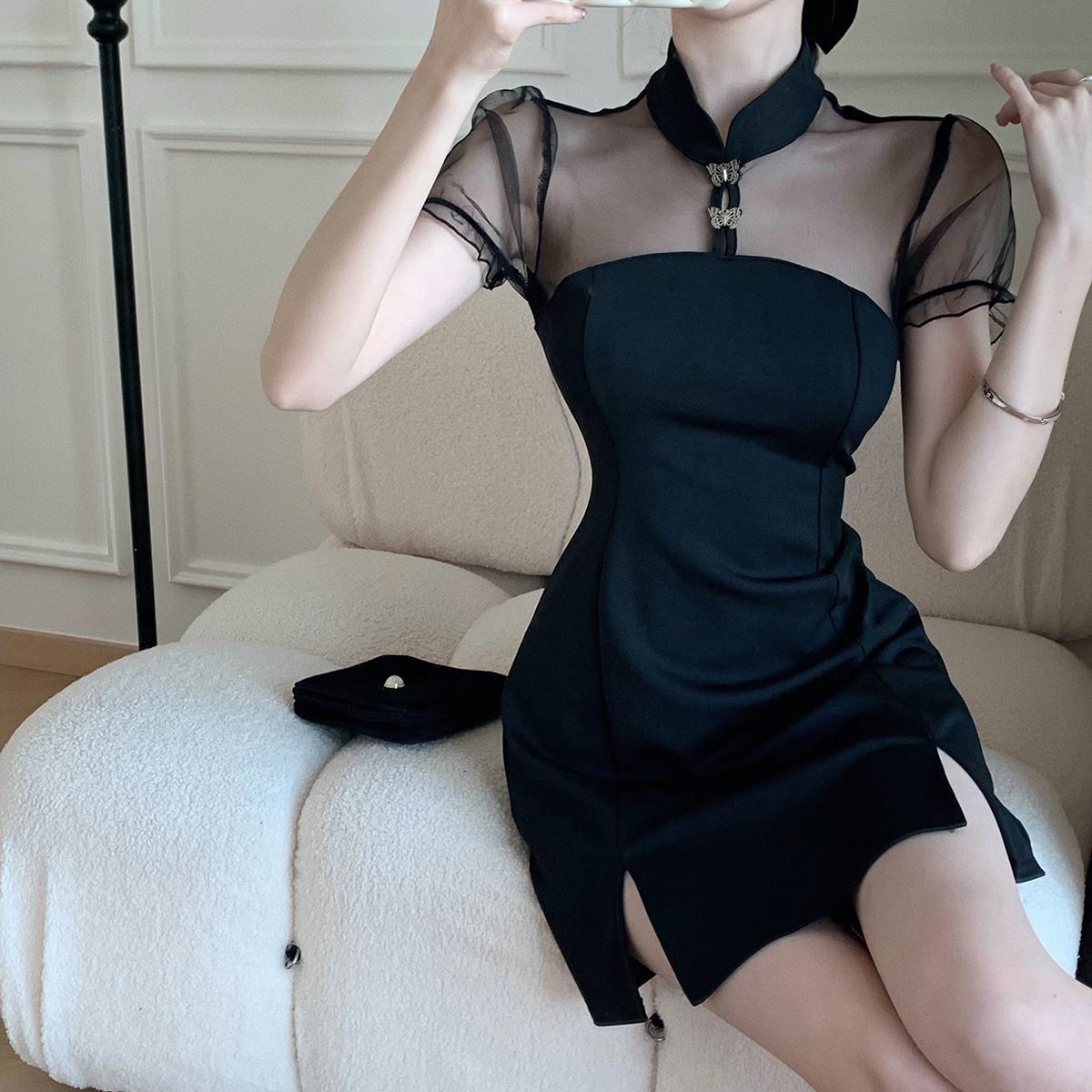 

YYFS Женская мода лето весна однотонный принт короткий рукав воротник стойка высокая талия повседневные платья XL чёрный