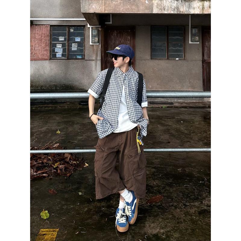 XBRO American Retro Pleated Summer Scimitar Loose Shorts Cargo Pants Cropped Pants Multi-pocket Men's and Women's Wide-leg Pants