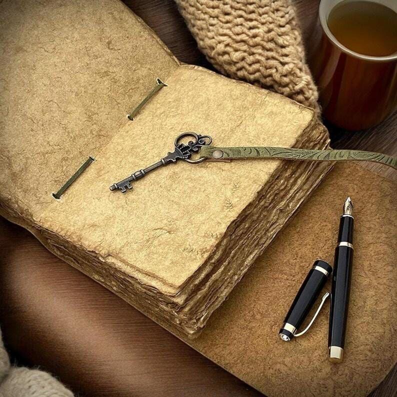 Handmade Green Floral Leather Journal: Vintage Deckle Edge Paper, Antique Key