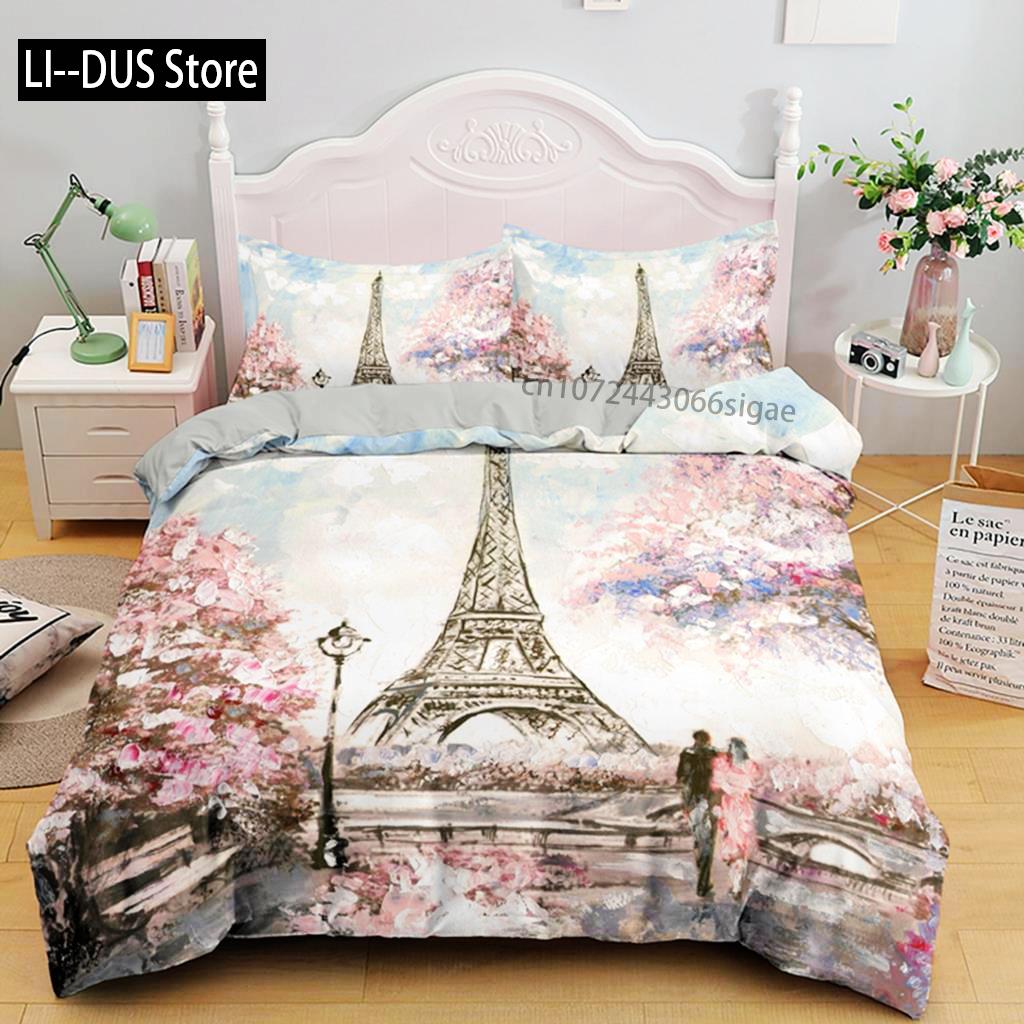 Duvet Cover Eiffel Tower Romantic Couple Flower King Comforter Cover Microfiber France Paris Cityscape Bedding Set For Teen