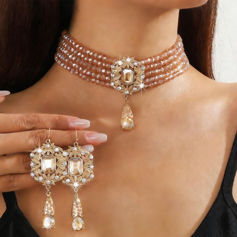 Stylish Layer Rhinestones Waterfall Necklace With Matching Earrings Jewelry Set