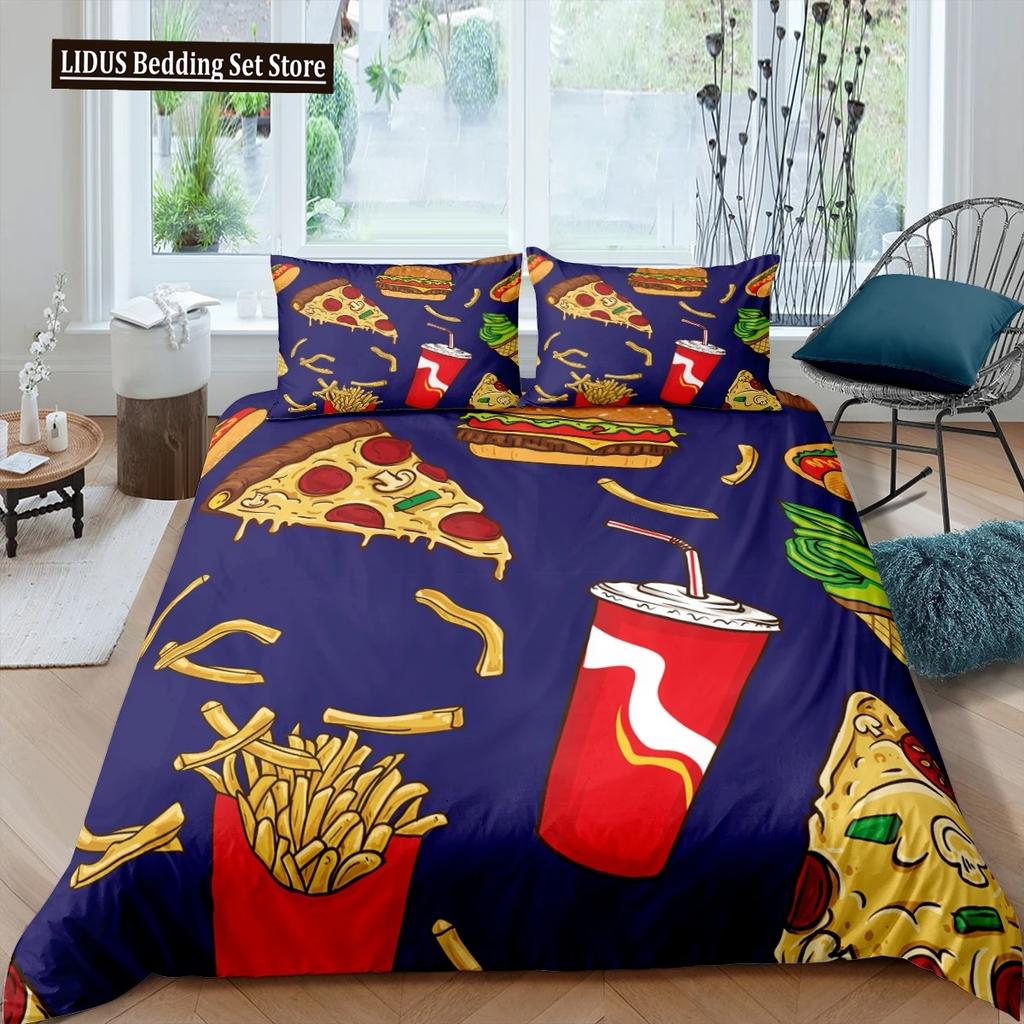 Amerikanisches Fast Food Bettbezug Set Doppelgröße Pizza Hotdog Bettdeckenbezug Hamburger Print Bettwäsche Set Pommes Quiltbezug