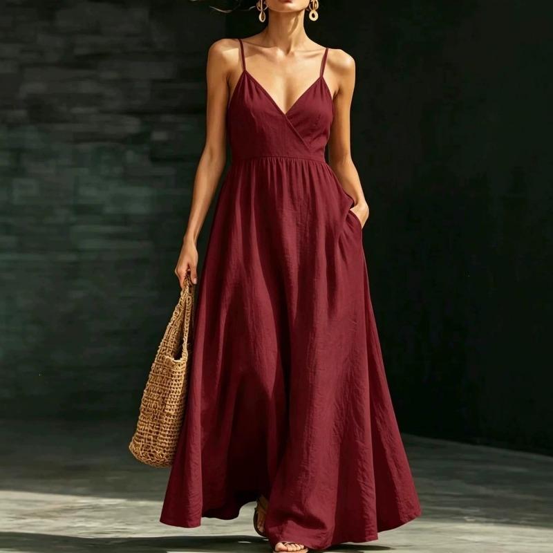 IHUASU Women's Fashion Sleeveless V-Neck Summer Spring Solid Color Print Casual Dresses Elegant