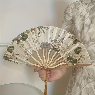 Traditional Chinese Ink Painting Folding Fan Portable Bamboo Cloth Hand Fan with Floral Pattern and Tassel for Qipao Accessory