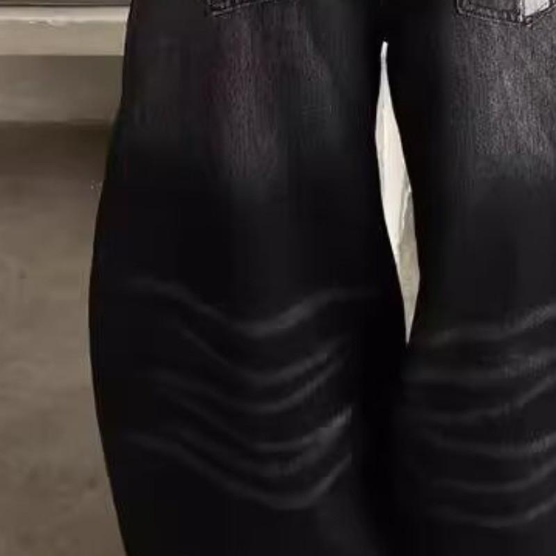 Womens Black Retro Straight Leg Denim Pants Loose Fit High Street Style Fall Wide Jeans