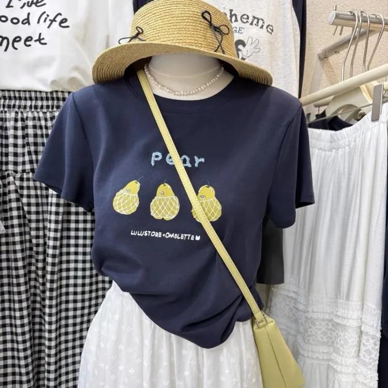 

White Summer New Printed Design Short-sleeved T-shirt Loose Women s Korean Style Versatile Cotton Top S синій