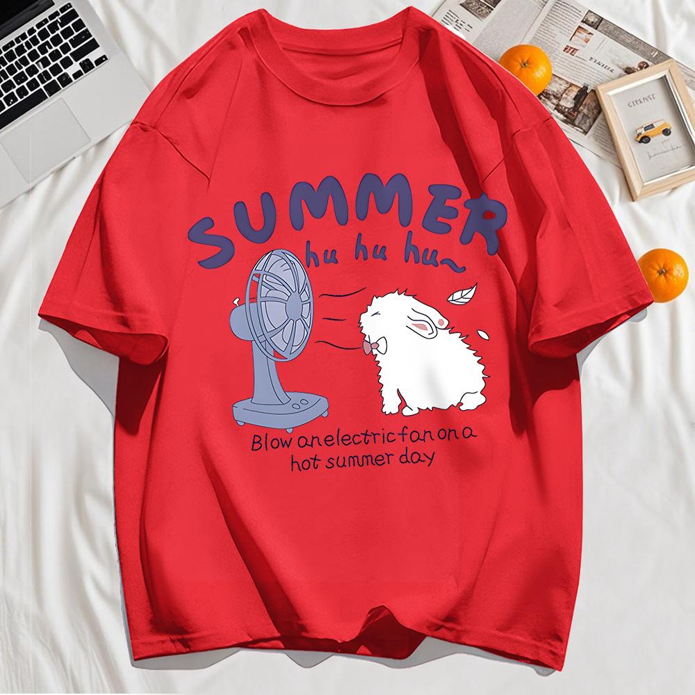 Little Rabbit Blowing Electric Fan Print T-Shirt Mens Hip Hop Summer Short Sleeve Clothing Casual Loose Tops