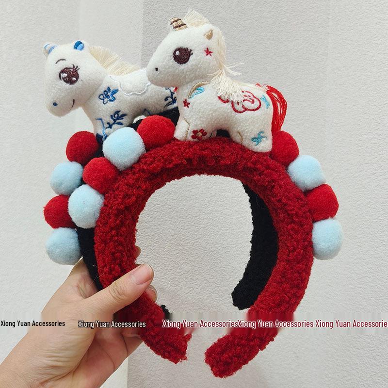 Red Zodiac Horse Headband - Cute Cartoon Accessory for Women and Children (Autumn/Winter Collection)