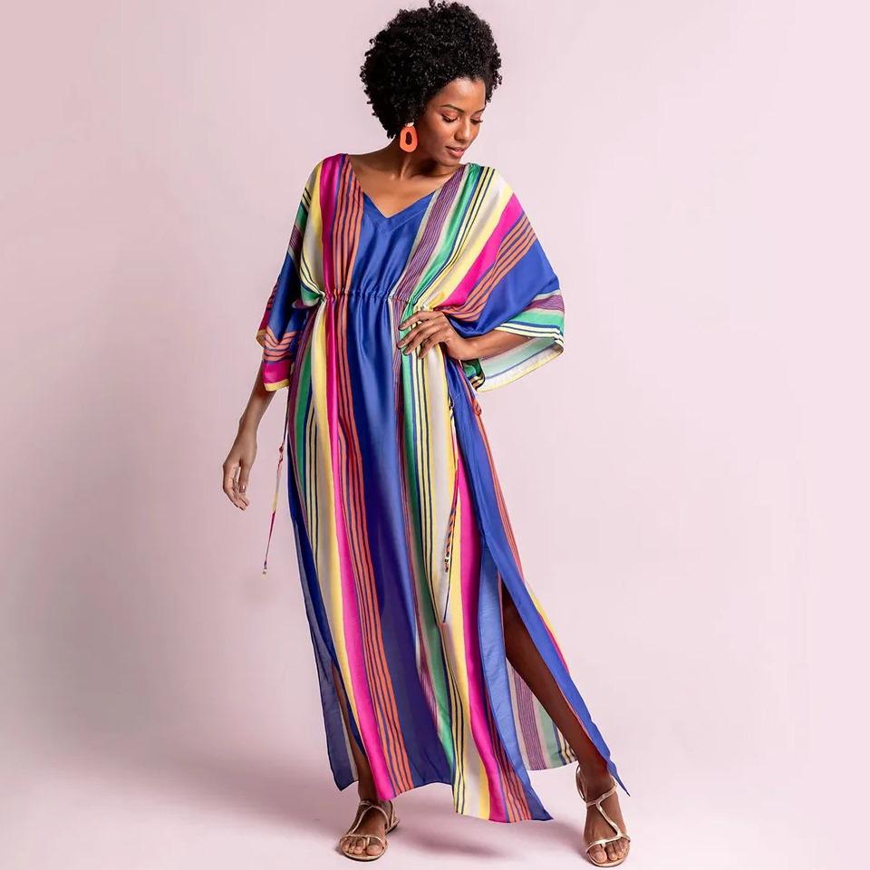 Vertical Stripe Drawstring Robe - Casual Beach Bikini Cover-up