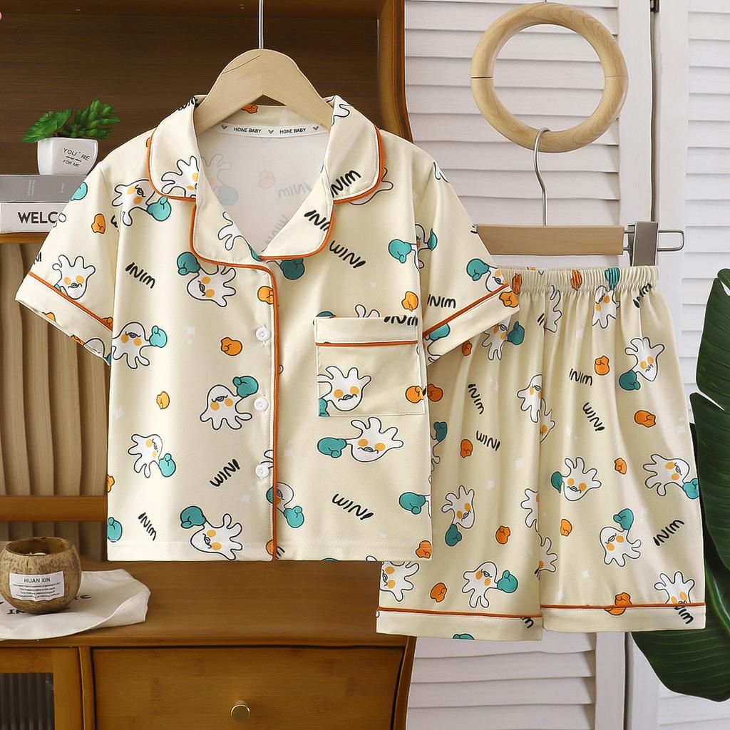Kids Summer Cartoon Print Short Sleeve Pajama Set Thin Collar Home Wear For Boys And Girls Air Conditioned Room Sleepwear