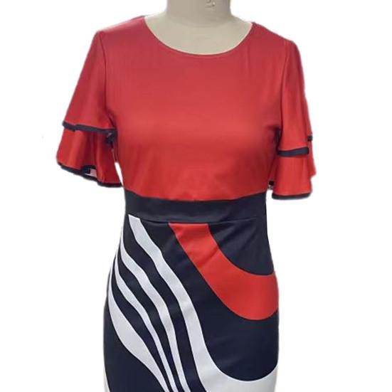 Women O-neck Layer Flared Sleeve Bodycon Dress Irregular Geometric Printing Hip Wrapped Office Lady Work Dress Workwear