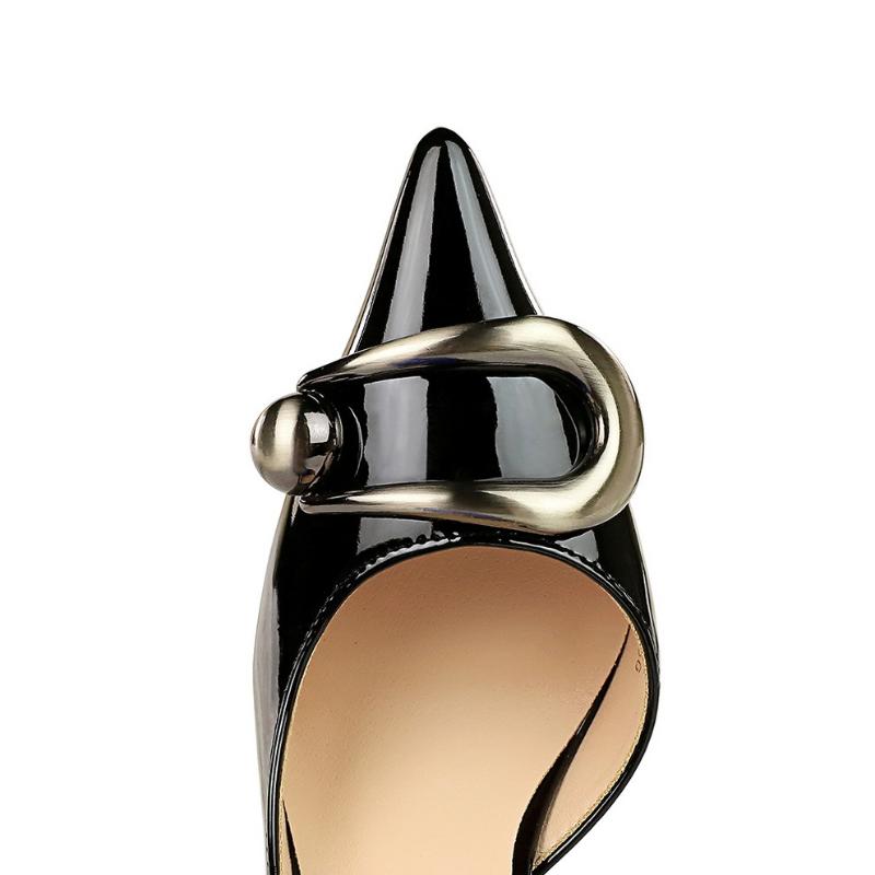 European And American Style Banquet Women's Shoes High Heels Shallow Tips Patent Leather Side Hollow Metal Buckle Single Shoes