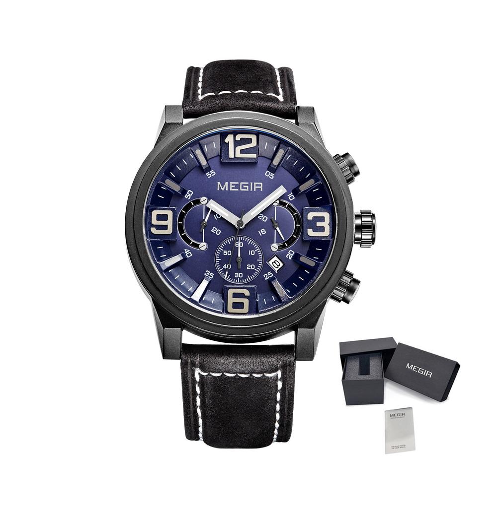 MEGIR Luxury Men's Watch Fashion Simple Casual Sports Watches for Men Leather Strap Waterproof Quartz Chronograph Clock 3010