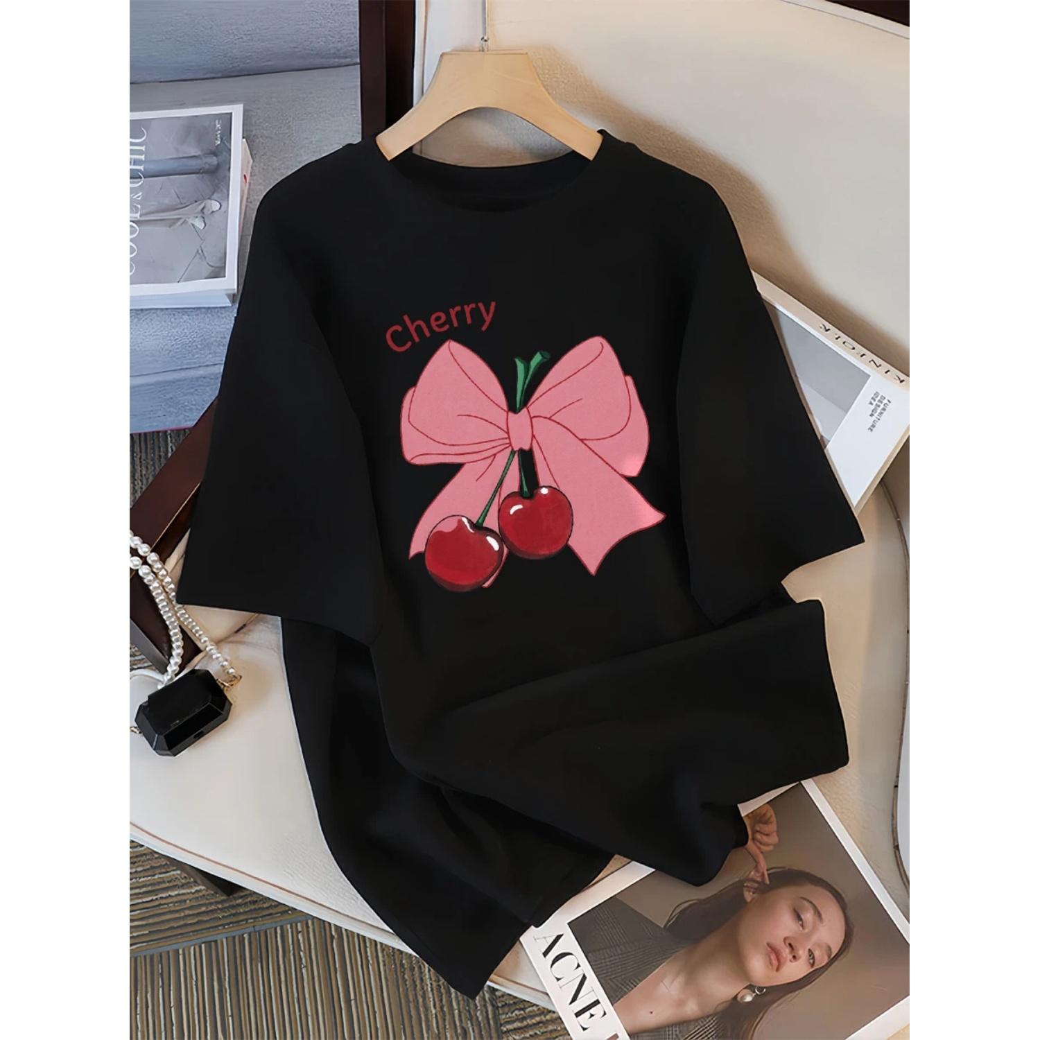

Bow Cherry Cartoon Printing Women T Shirts Casual Hip Hop Tops Sport Short Sleeve Multicolor Cotton Female Sportswear XXXXXL чорний