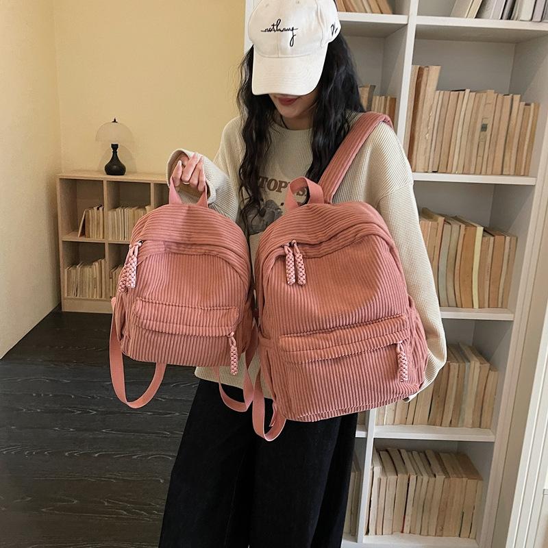 Schoolbag Solid Color Corduroy Backpack Women's 1011 New Middle School Middle School High School Student School Bag Men's Travel Backpack Large 