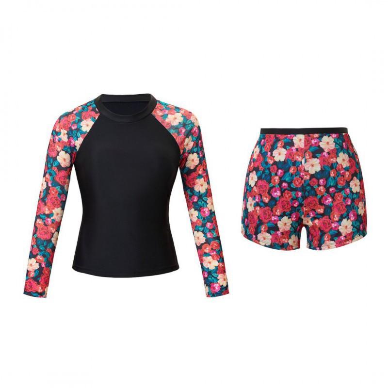 Women s Split Fashionable Tankini Round Neck Tight Long-sleeved Print Swimsuit Women S