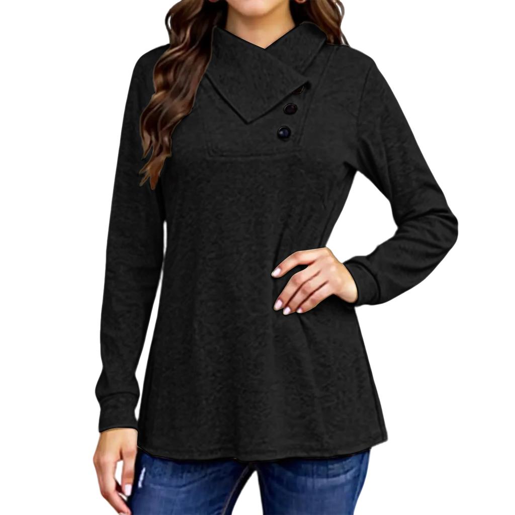 Women's Solid Color Button Long Sleeved T-shirt Loose Pullover Top