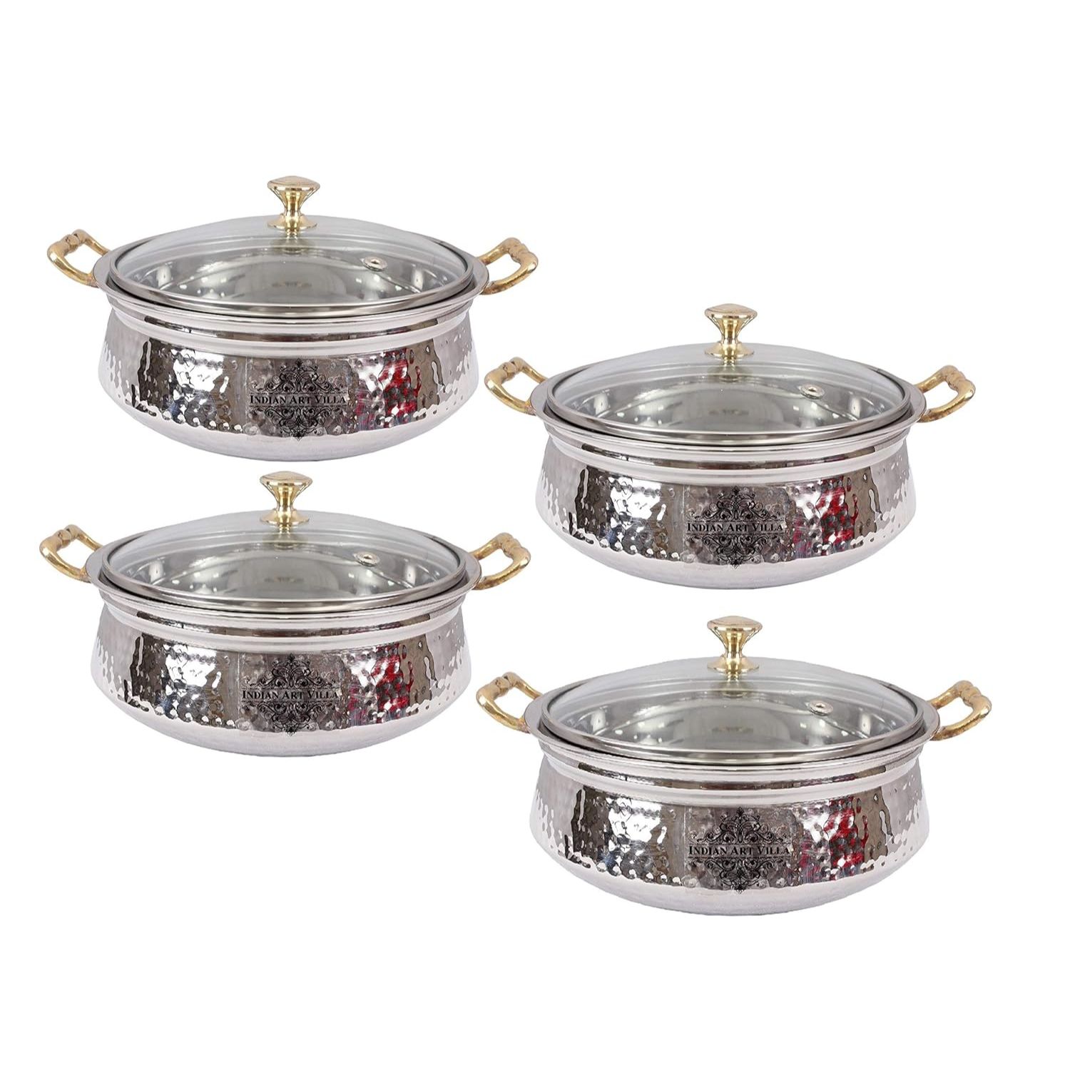 

Ханди/Миска/Кастрюля из нержавеющей стали кованого дизайна с крышкой из закаленного стекла и латунной ручкой и ручками, объем - 400 мл, набор из 4 штук