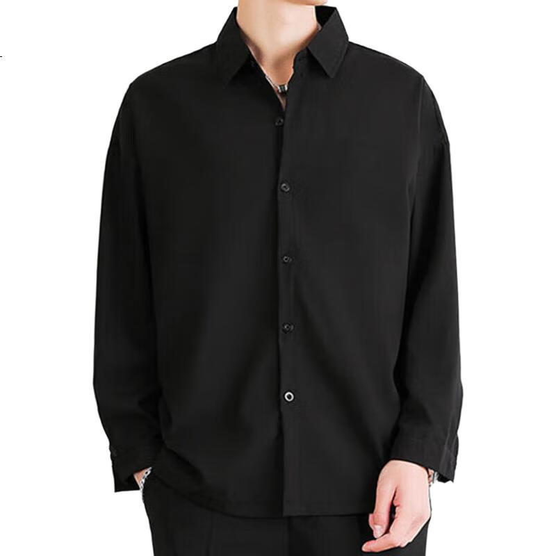 VANCAMEL Langarmhemd für Herren, Lockeres Freizeit-Oberteil für Herren, einfarbige Kleidung im koreanischen Stil, Schwarz, 2XL