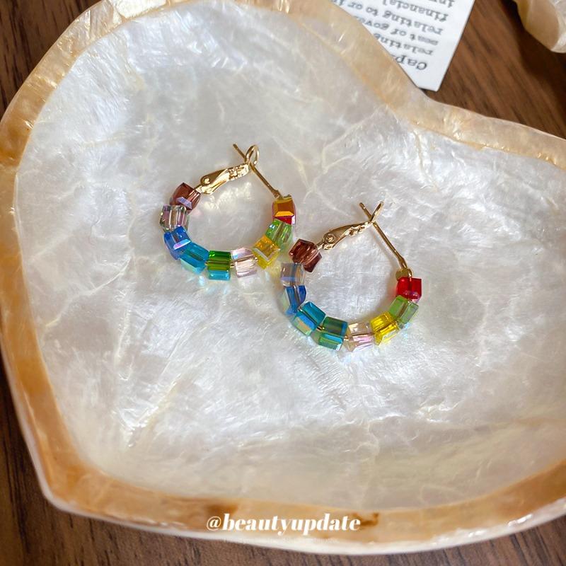 Silver needle colored glass round beaded earrings retro light luxury exquisite temperament earrings niche high-end earrings women