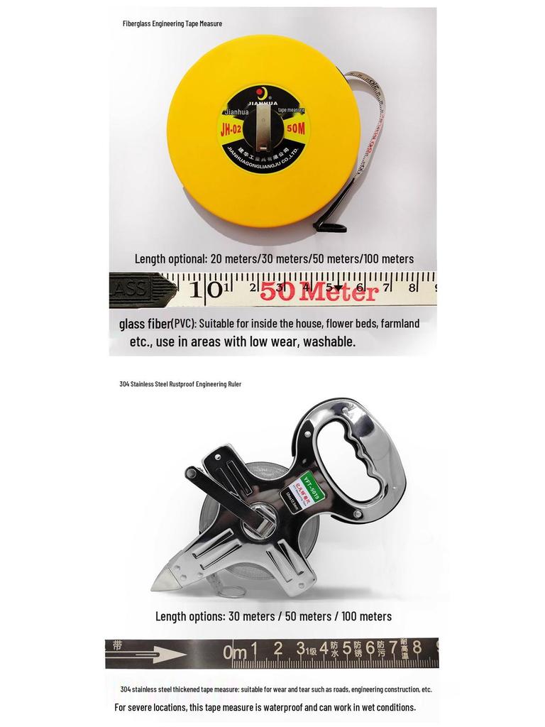 Large Measuring Tape Set: 50m, 30m Steel Tapes and 100m Cloth Tape for Construction, Engineering and Handheld Measurements.