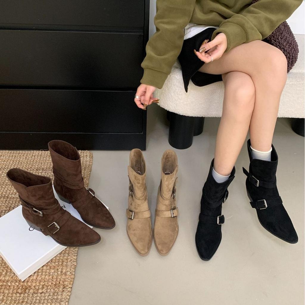 2025 autumn and winter retro belt buckle thick heel fold two wear short boots women's fashion temperament fashion short boots