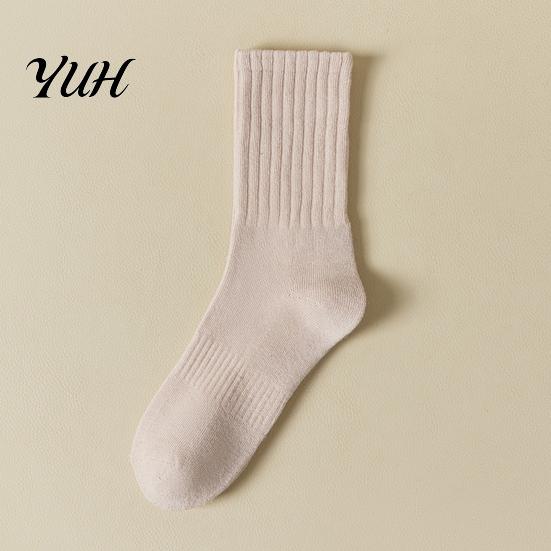 Everyday Wear Thick Socks Solid Color Crew Socks, Thickened Terry Lining Winter Warm Autumn Cold Protection Soft Elastic Cotton Blend for Daily