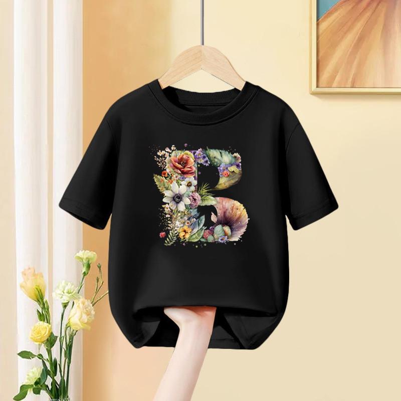 A B C D Kombinationsschrift Mädchen T-Shirt Blumendruck Lässige Oberteile Benutzerdefinierter Name Buchstabe Kinder Schwarzes T-Shirt