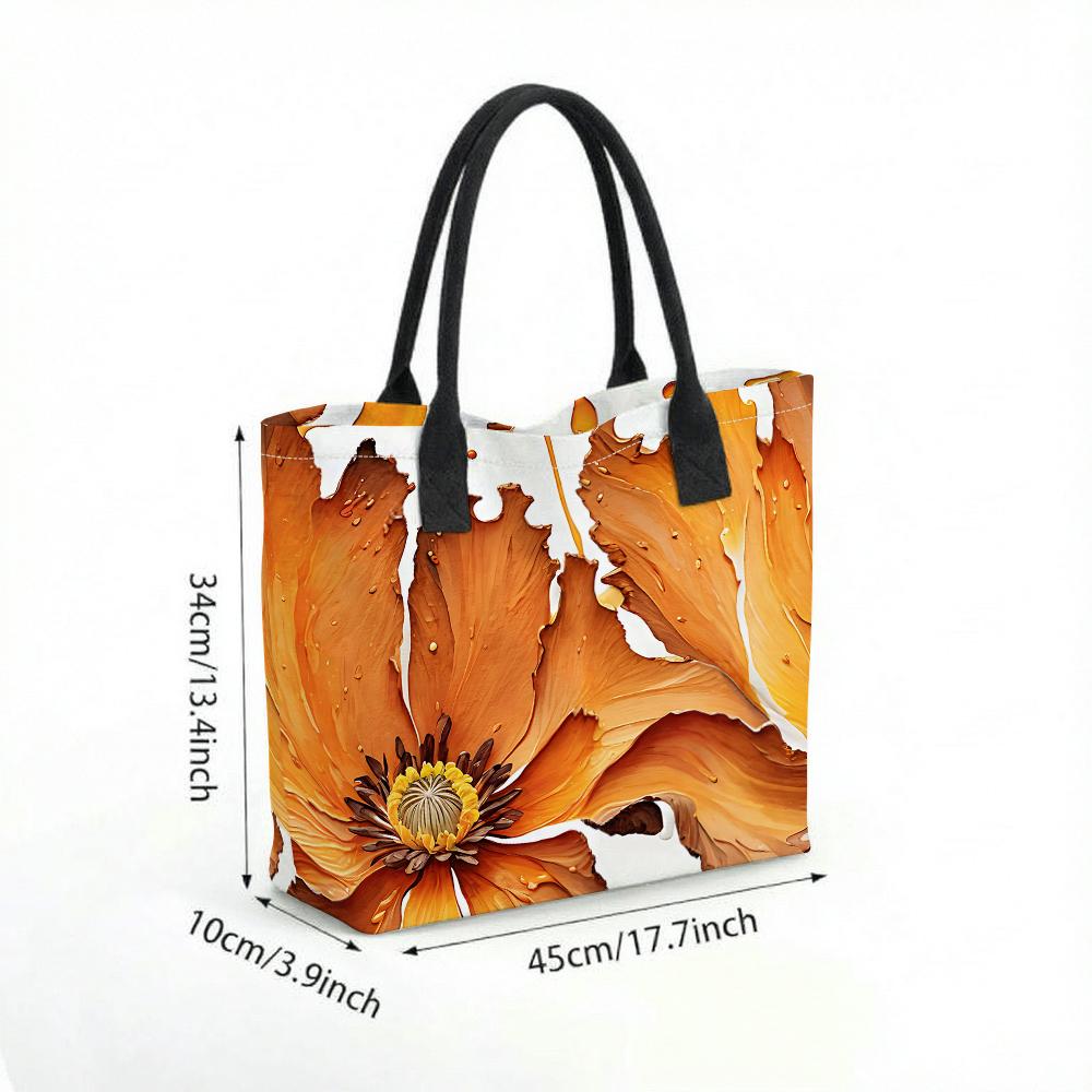 Orange Floral Print Tote Bag Casual Large Capacity Handbag for Daily Use