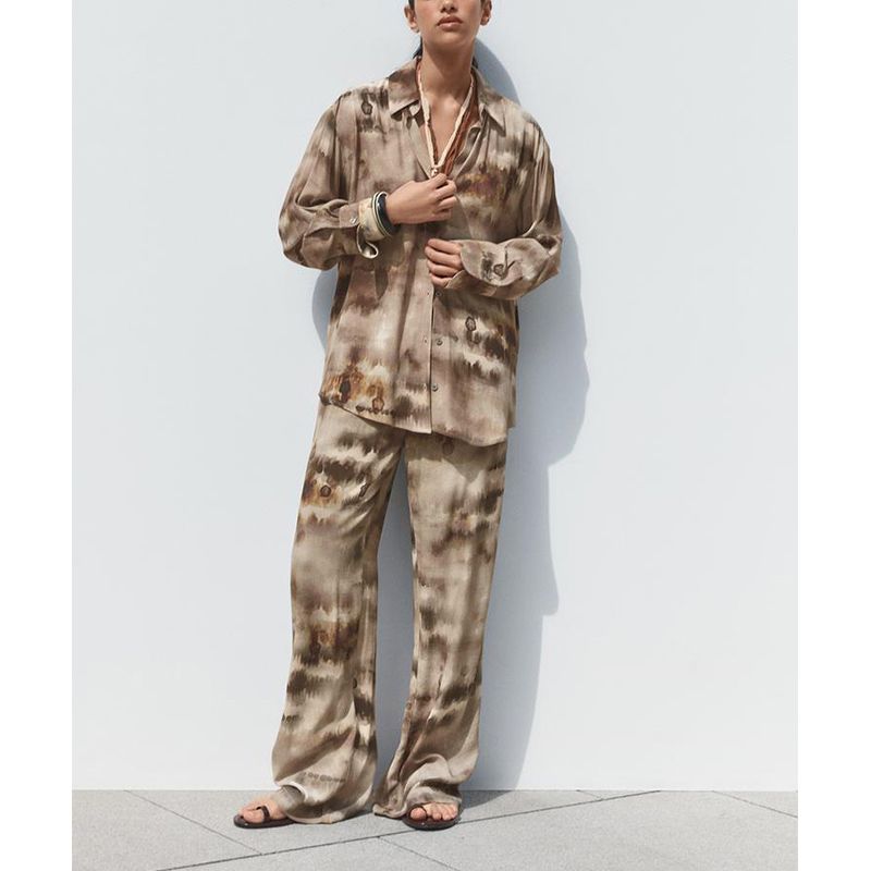 Tie-Dye Stylish Temperament Long Sleeves Lapel Shirt 8372118 High Waist Straight-leg Tie-Dye Pants 8372018