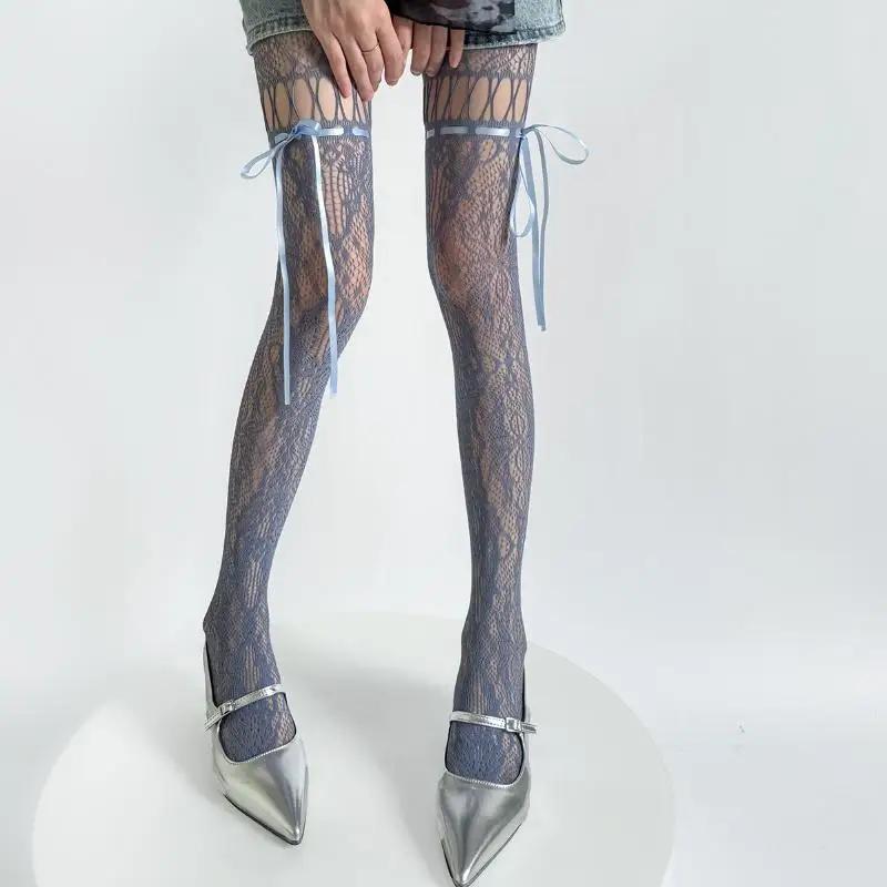 Hollow Lace Mesh Stockings with Bow Tie Pantyhose Lolita Retro Floral Vine White Black Purple Blue Grey Stockings for Women