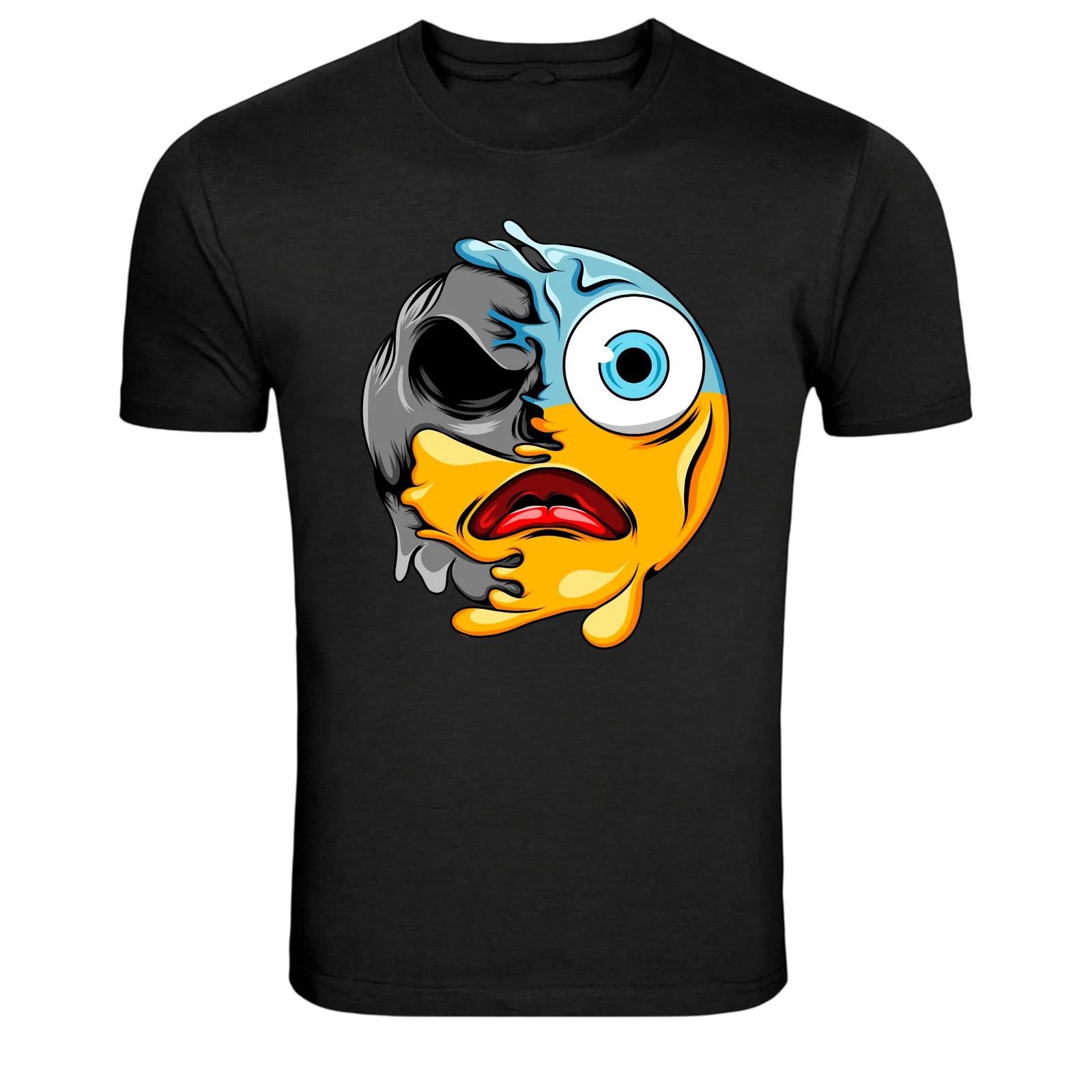 Half Skull Half Melting Shocked Emoji Cartoon Graphic T-Shirt L