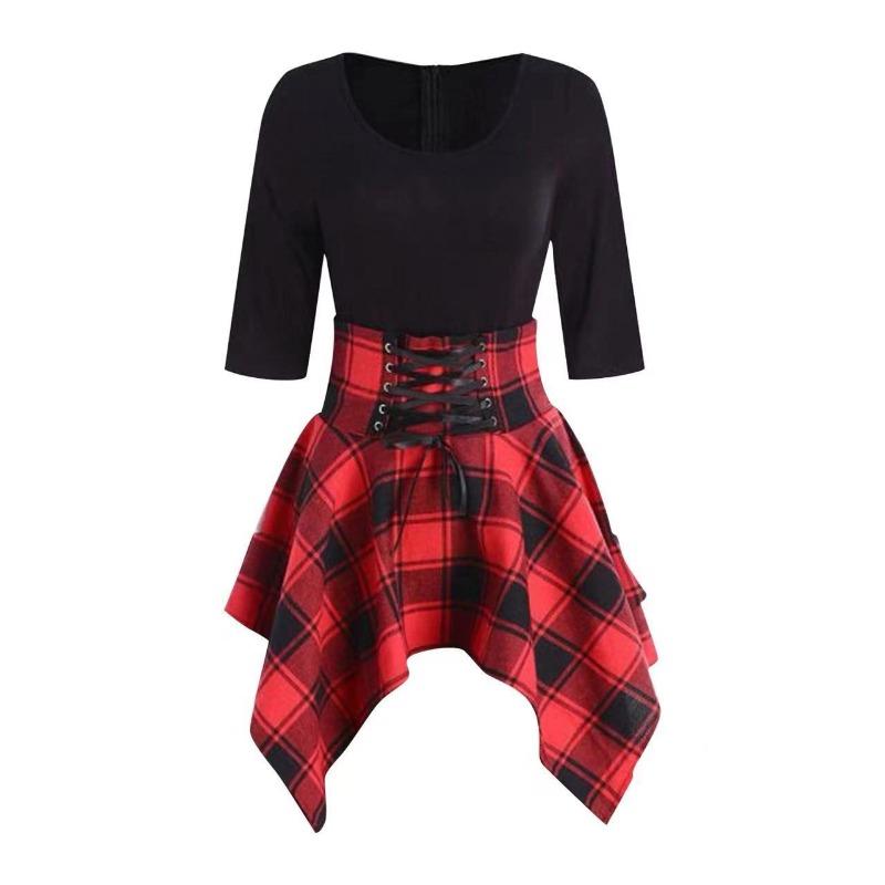 Новое элегантное осеннее платье в клетку с длинным рукавом S красный