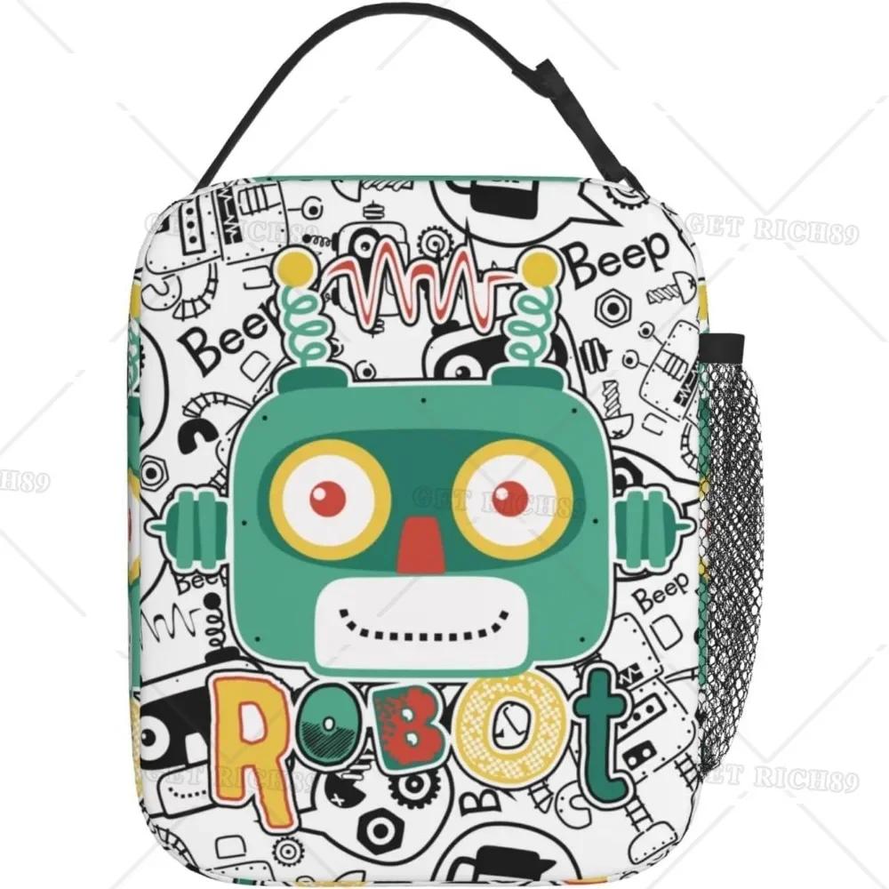Robots Lunch Bag for Women Men Reusable Insulated Leak Proof Lunch Box with Pocket for Work, Office, Picnic, Camping, Traveling