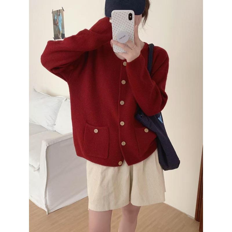 Autumn and winter new round neck single-breasted knitted cardigan women's loose and thin versatile sweater women's coat women