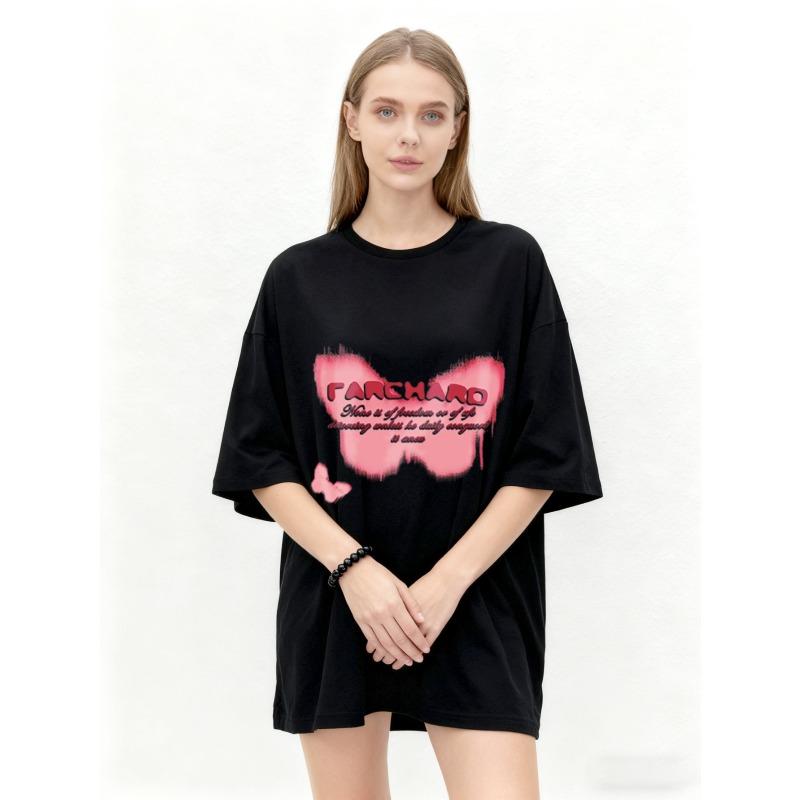 Oversized T Shirt Black Pink Butterfly Print With Farshard Text Graphic Casual Streetwear Fashion For Women Summer Outfit