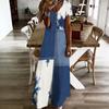 Women Plus Size V Neck Short Sleeve Abstract Printed Blue Beige White Long Maxi Dress
