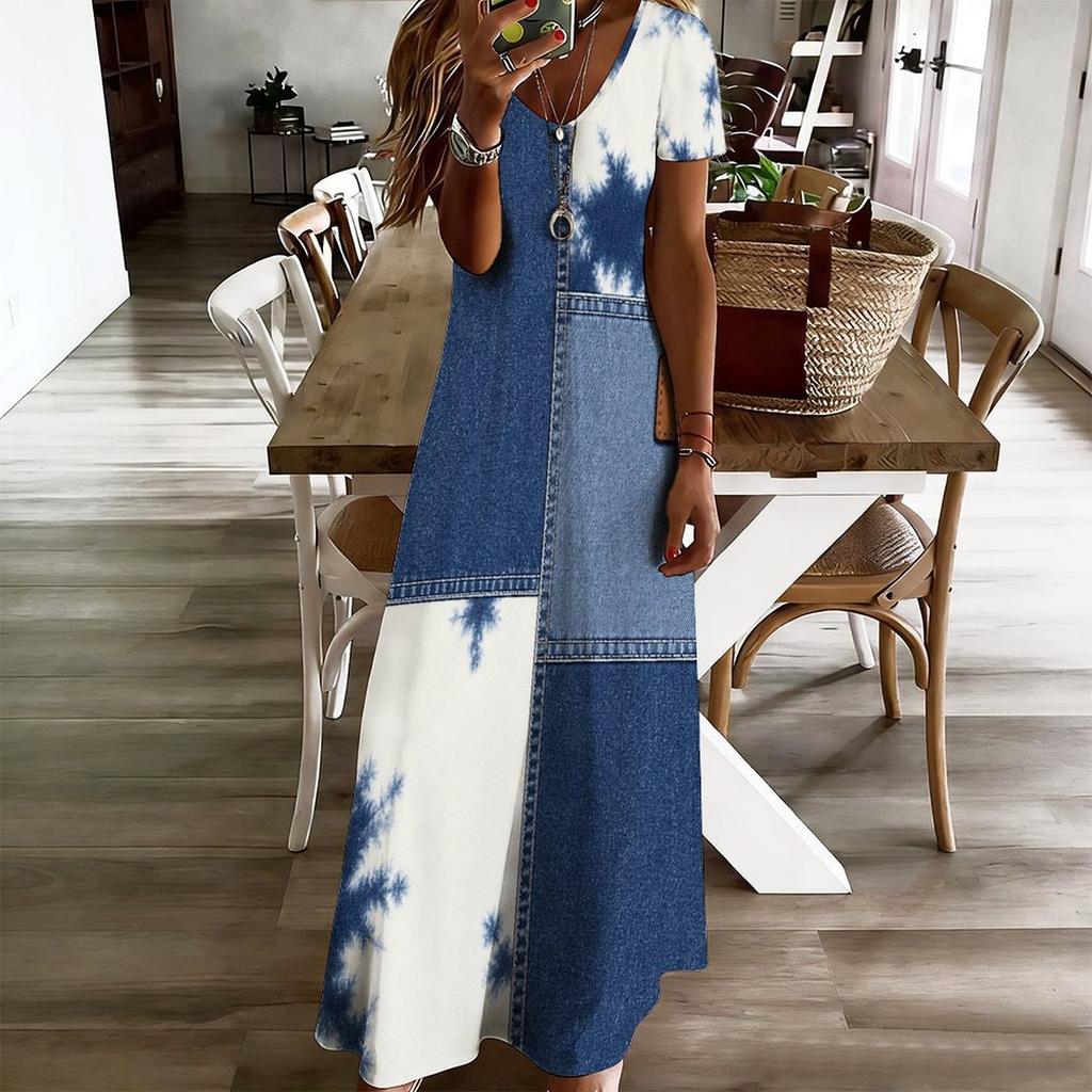 Women Plus Size V Neck Short Sleeve Abstract Printed Blue Beige White Long Maxi Dress