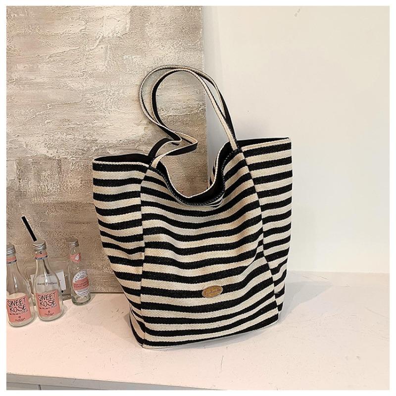 Niche High-value Double-sided Striped Canvas Bag, New Large-capacity Casual Versatile Commuter Shoulder Tote Bag